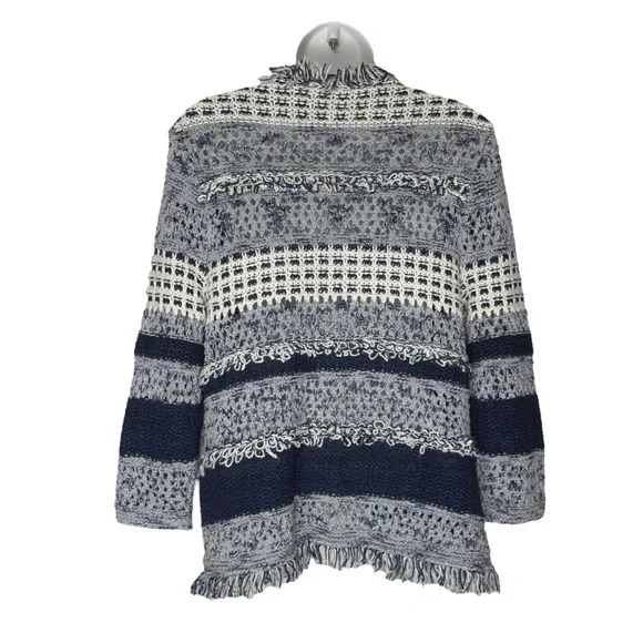 Chicos Blue White Textured Knit Fringe Boho Cottagecore Cardigan Small - Picture 3 of 13